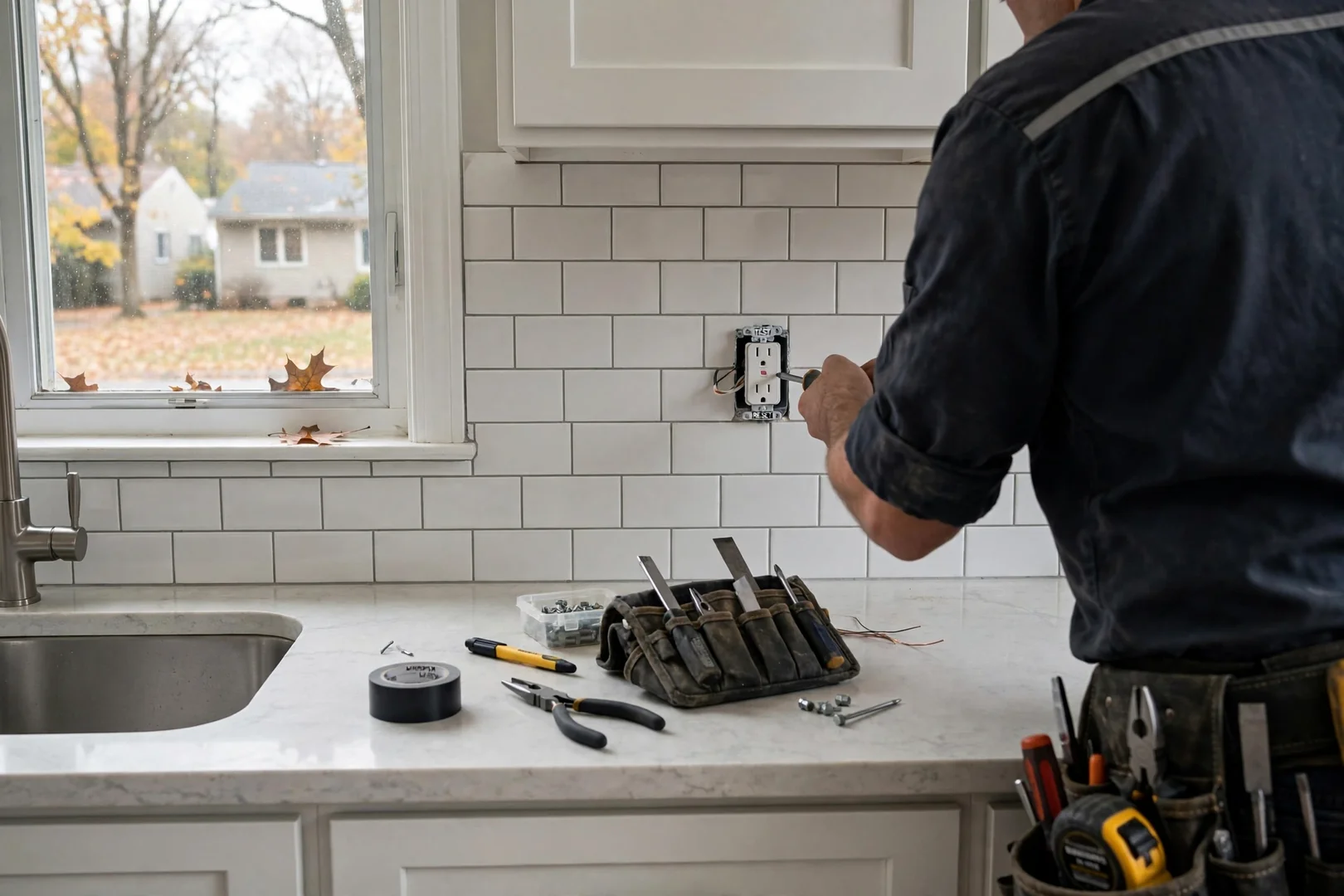 Kitchen countertop receptacle replaced with a tamper-resistant GFCI device
