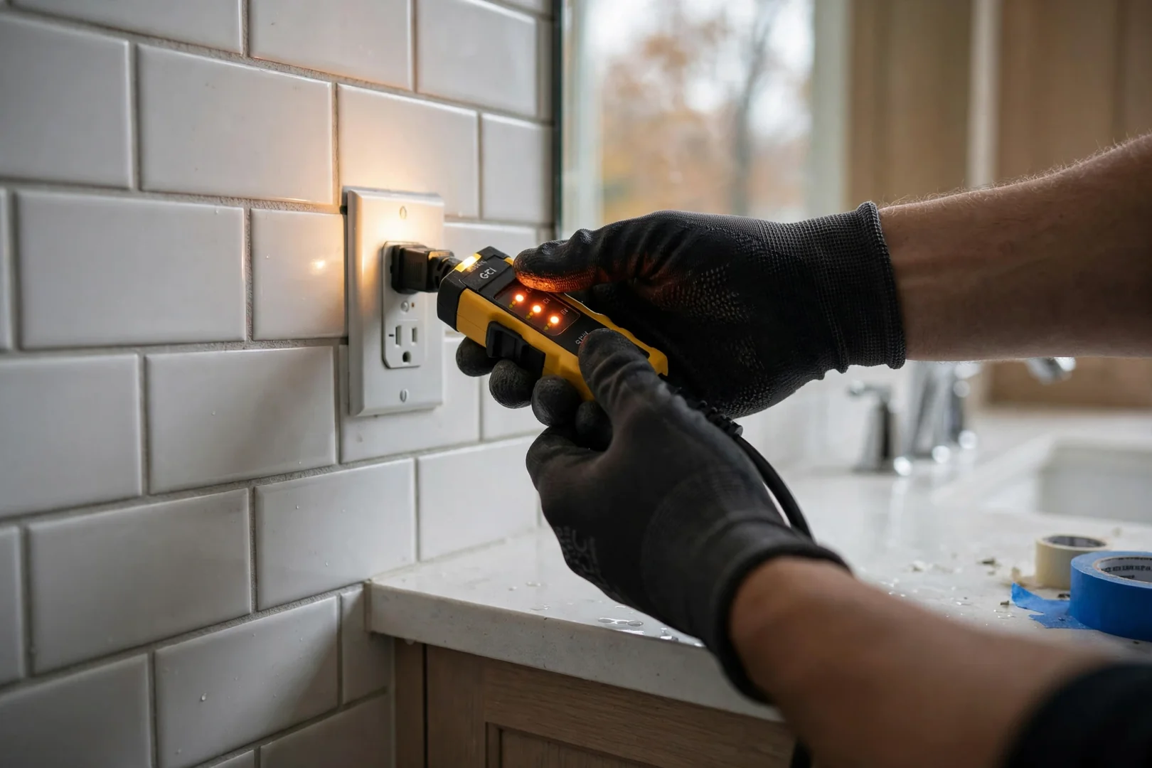 Electrician testing a GFCI receptacle with a plug-in circuit tester in a bathroom