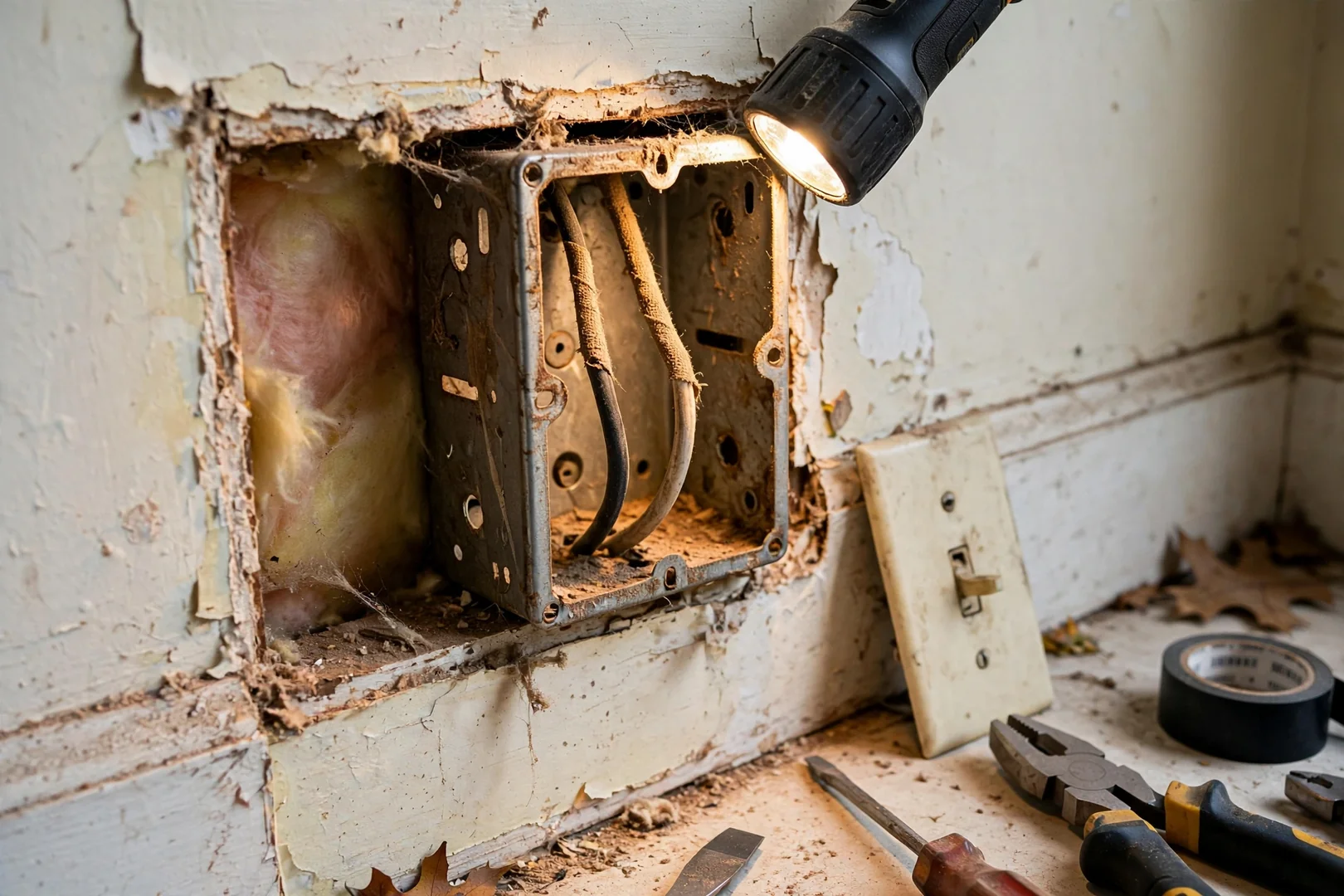 Open receptacle box showing old two-wire cable before GFCI upgrade