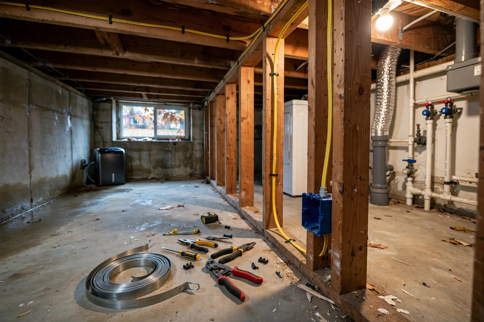 New cable run and deep box installed for a basement laundry GFCI circuit