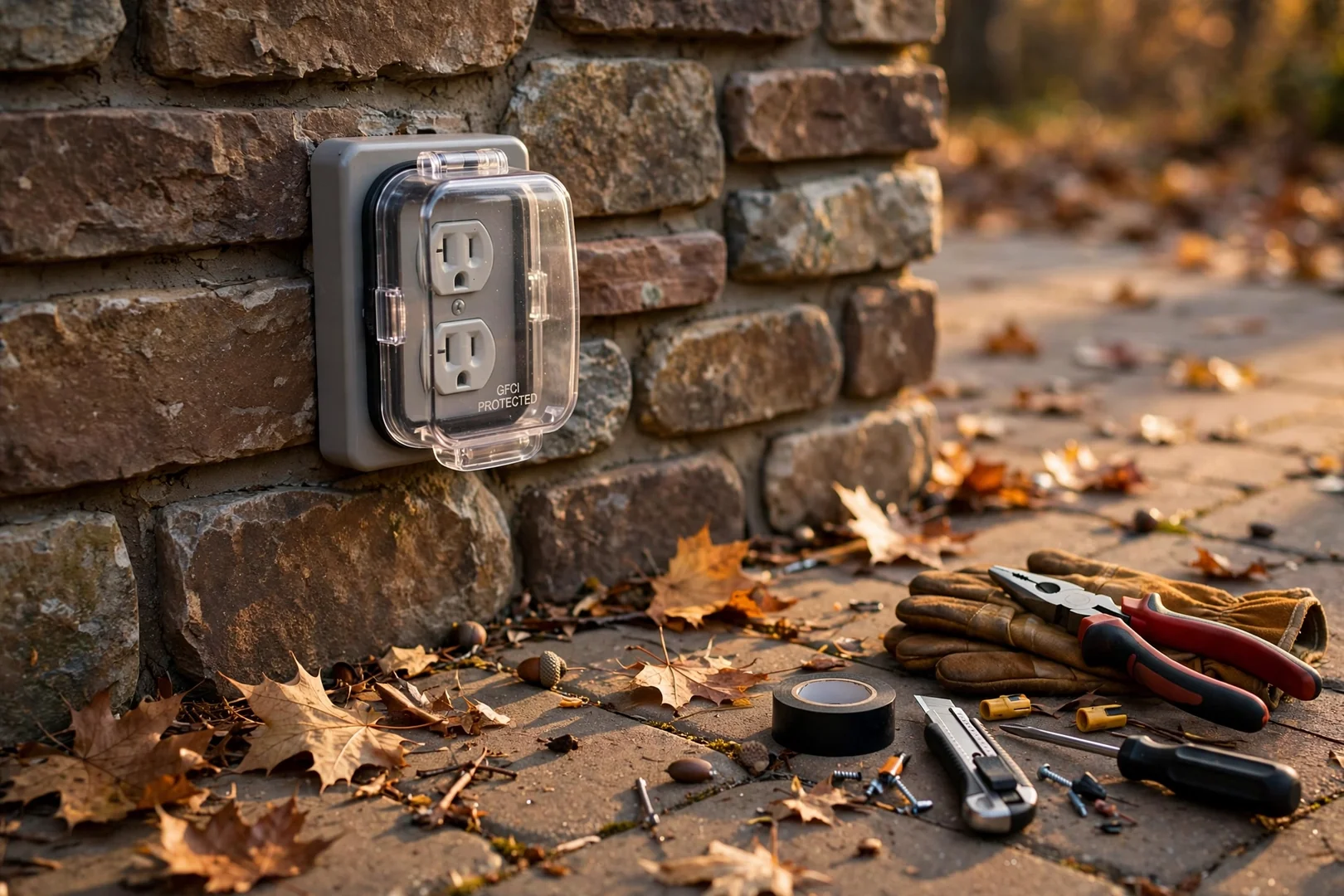 Finished exterior patio outlet with sealed gasket and cover after installation