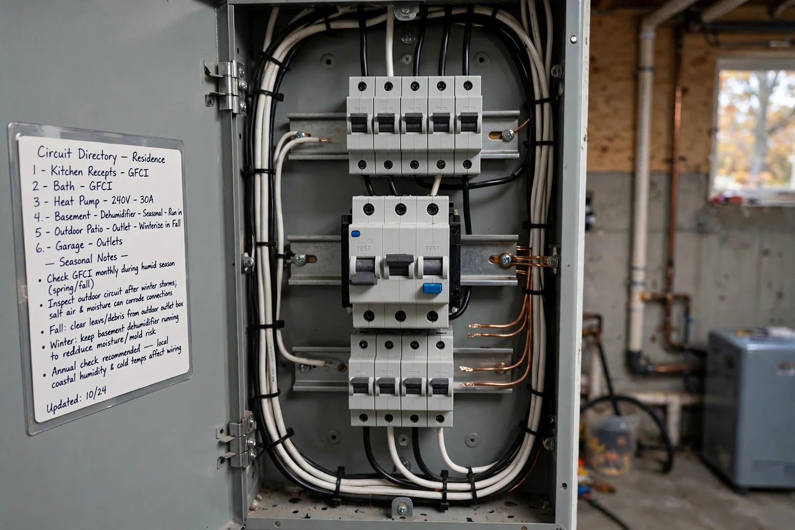 Labeled panel directory updated after GFCI breaker installation in a Coram home