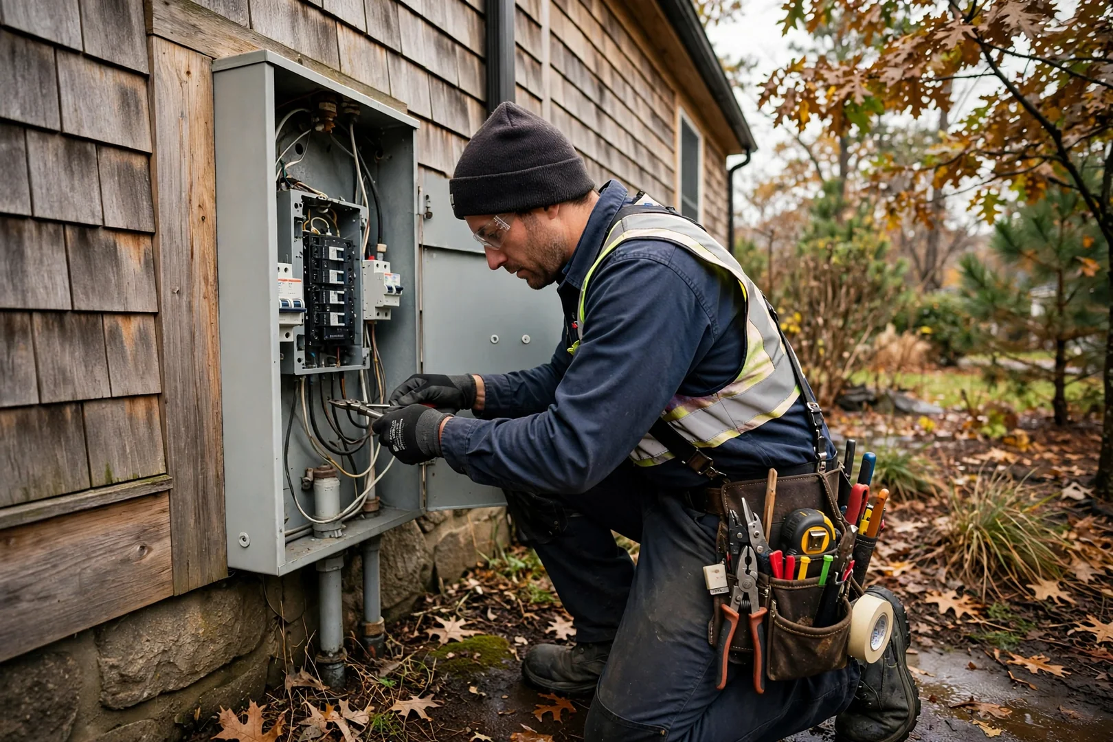 Electrician reviewing rewiring estimate and circuit layout inside a Coram home