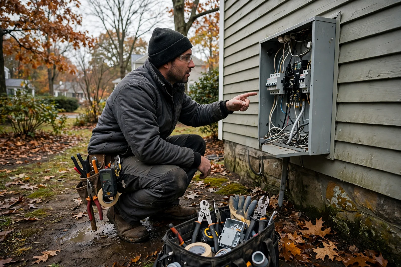 Electrician pulling new copper cable through wall framing during a whole-home rewiring project