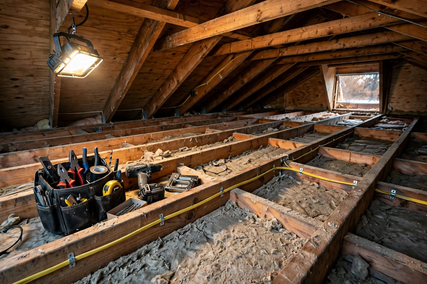 New NM-B cable runs fished through attic joists during a full home rewire