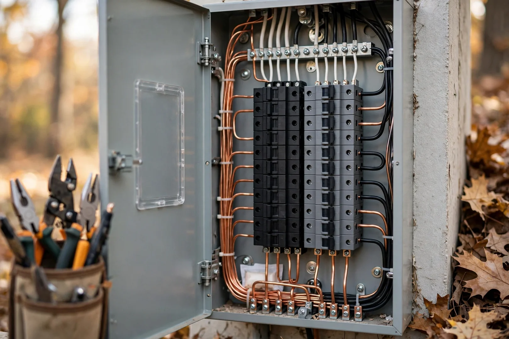 Close-up of freshly terminated circuits inside a newly installed residential load center