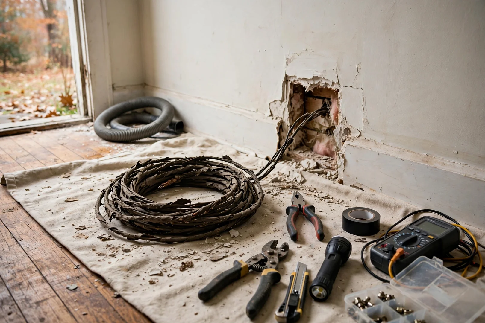 Old cloth-insulated wiring removed from a plaster wall before new circuits were pulled