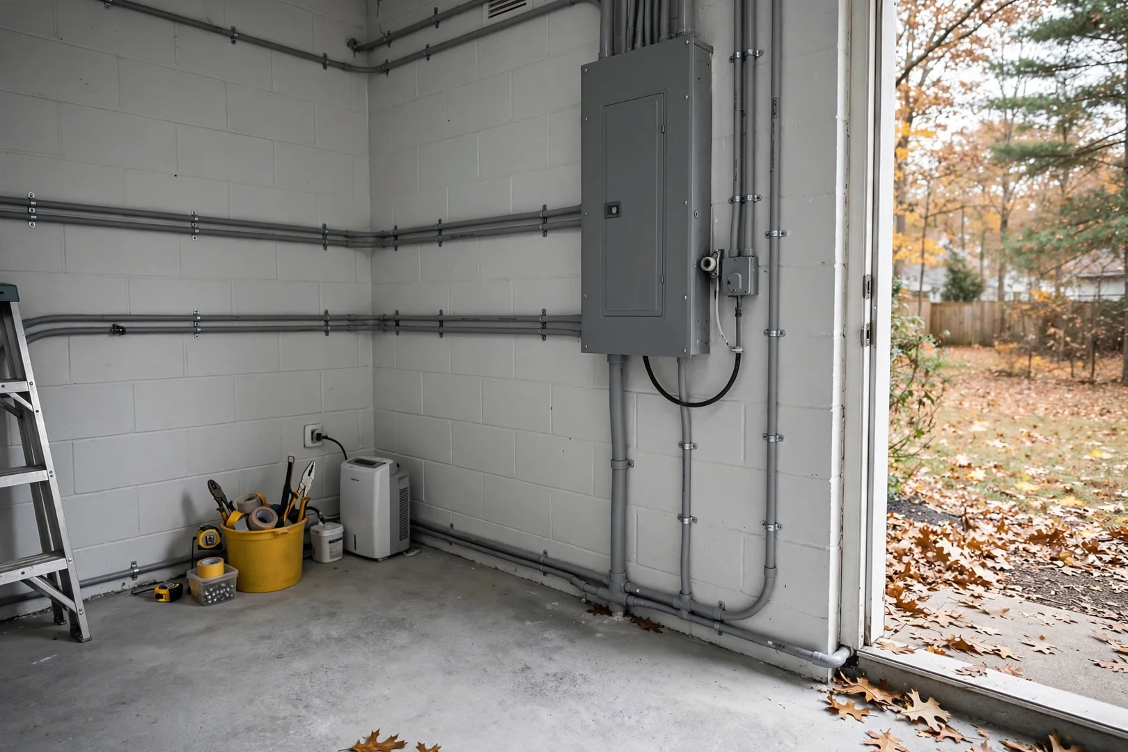Completed rewire with labeled panel and tidy conduit in a Coram split-level home