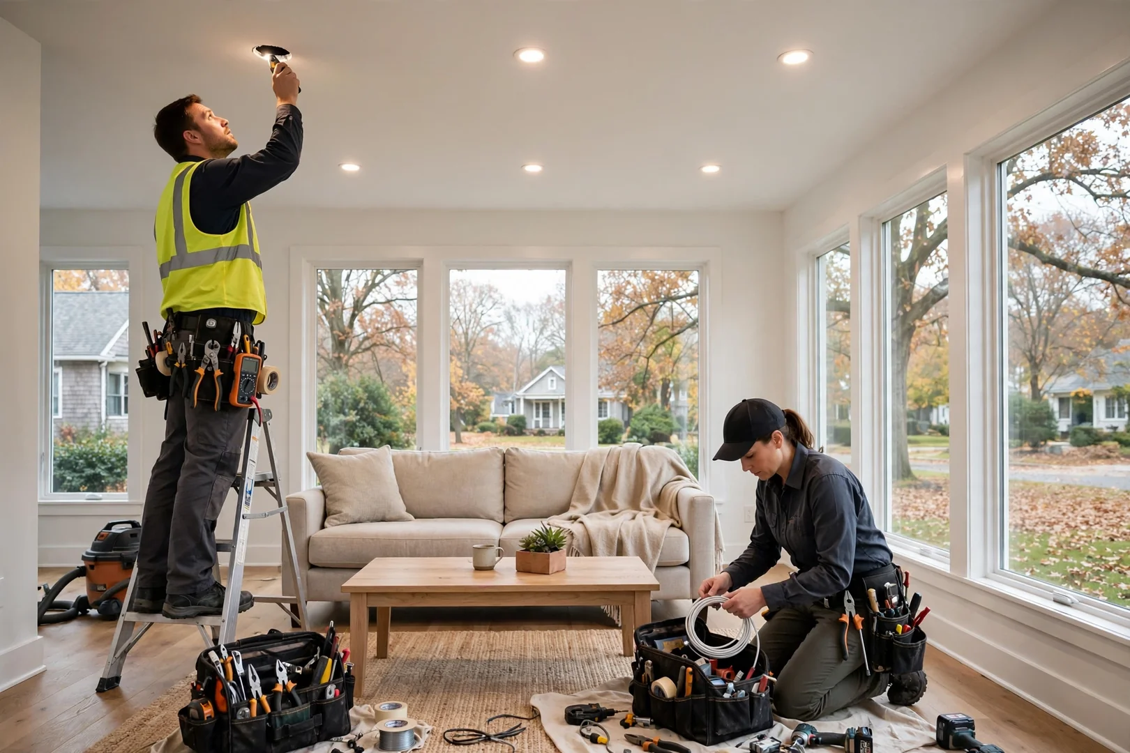 Recessed LED can lights evenly spaced across a renovated Coram living room ceiling