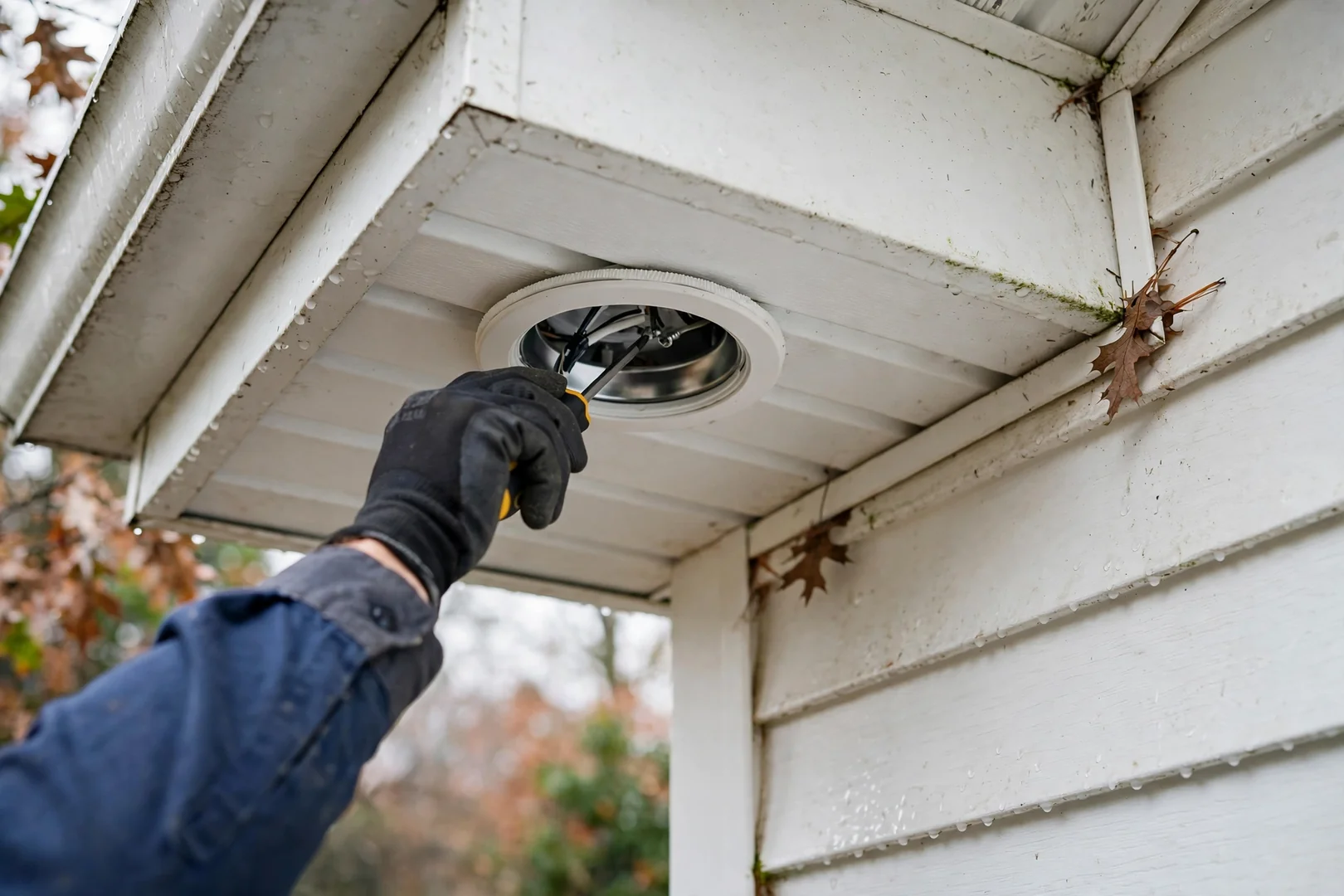Close-up of wet-rated soffit light installed under a home eave