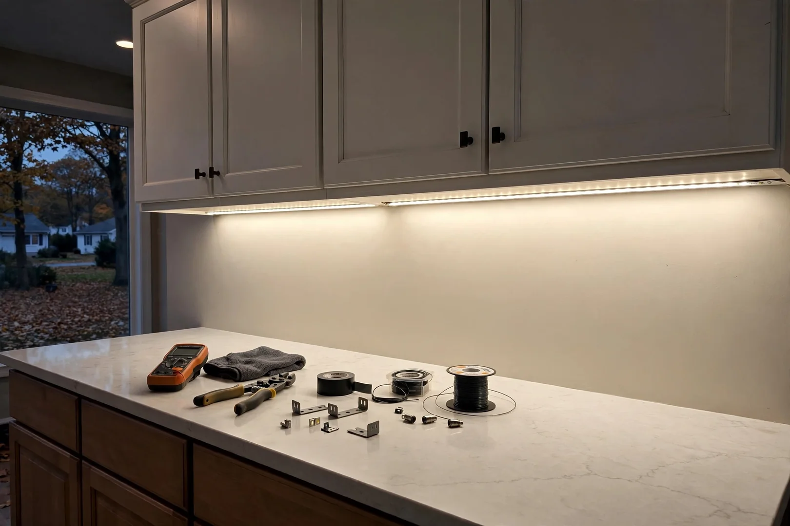 Under-cabinet LED strip lighting illuminating a kitchen countertop workspace