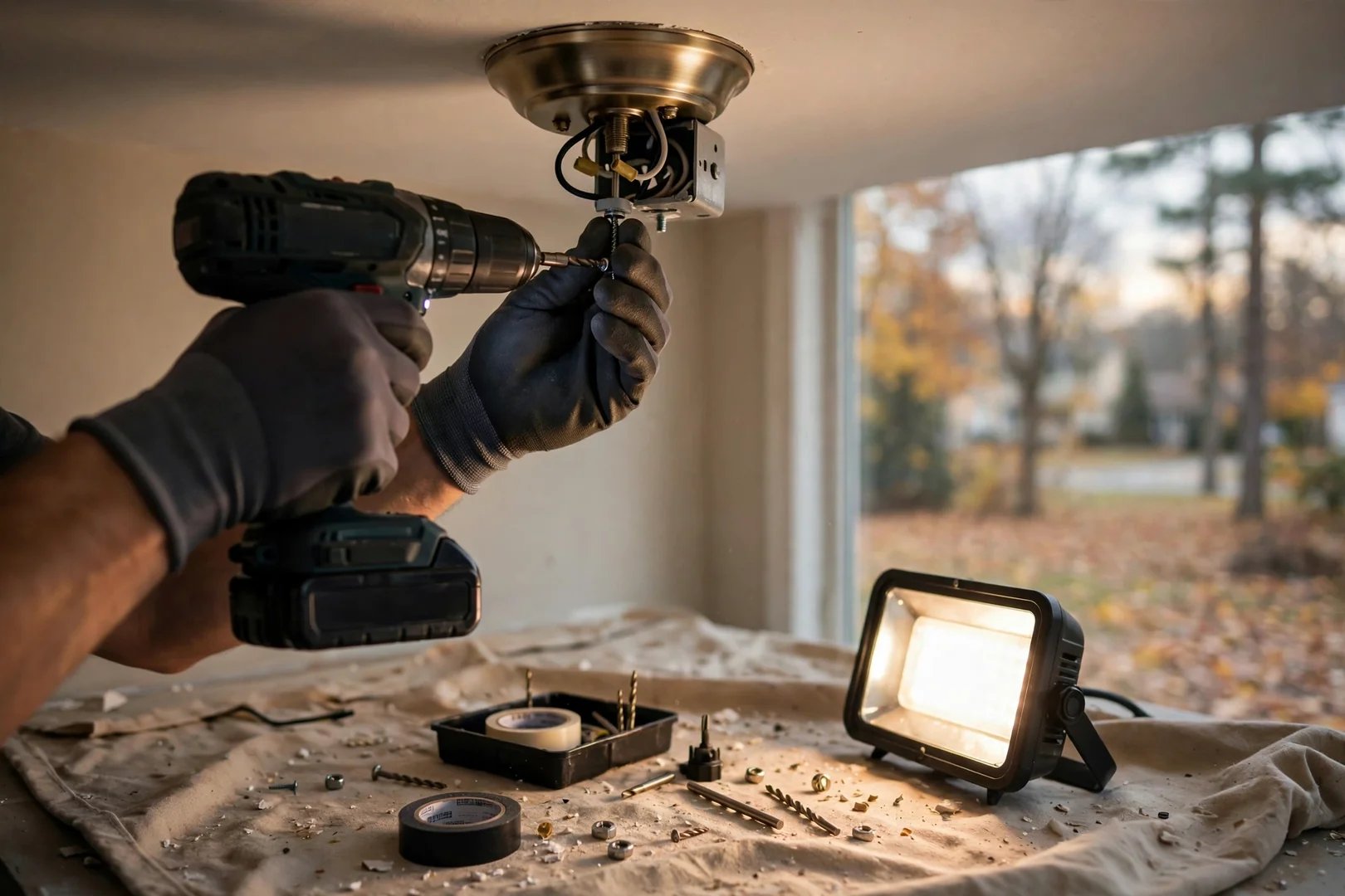 Electrician mounting a ceiling fixture canopy to framing with cordless driver