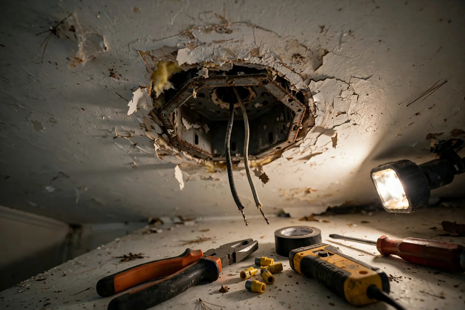 Old surface-mount fixture and ungrounded box before lighting retrofit work
