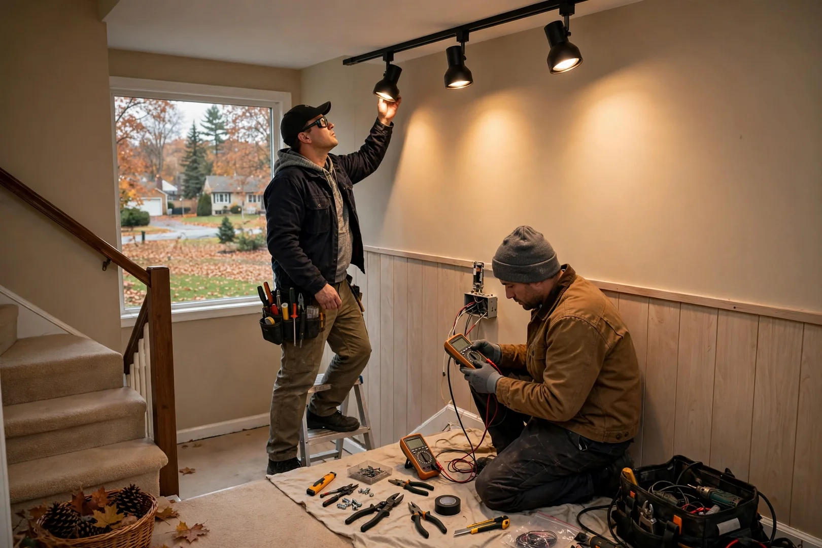 Track lighting heads aimed at a hallway gallery wall in a split-level home