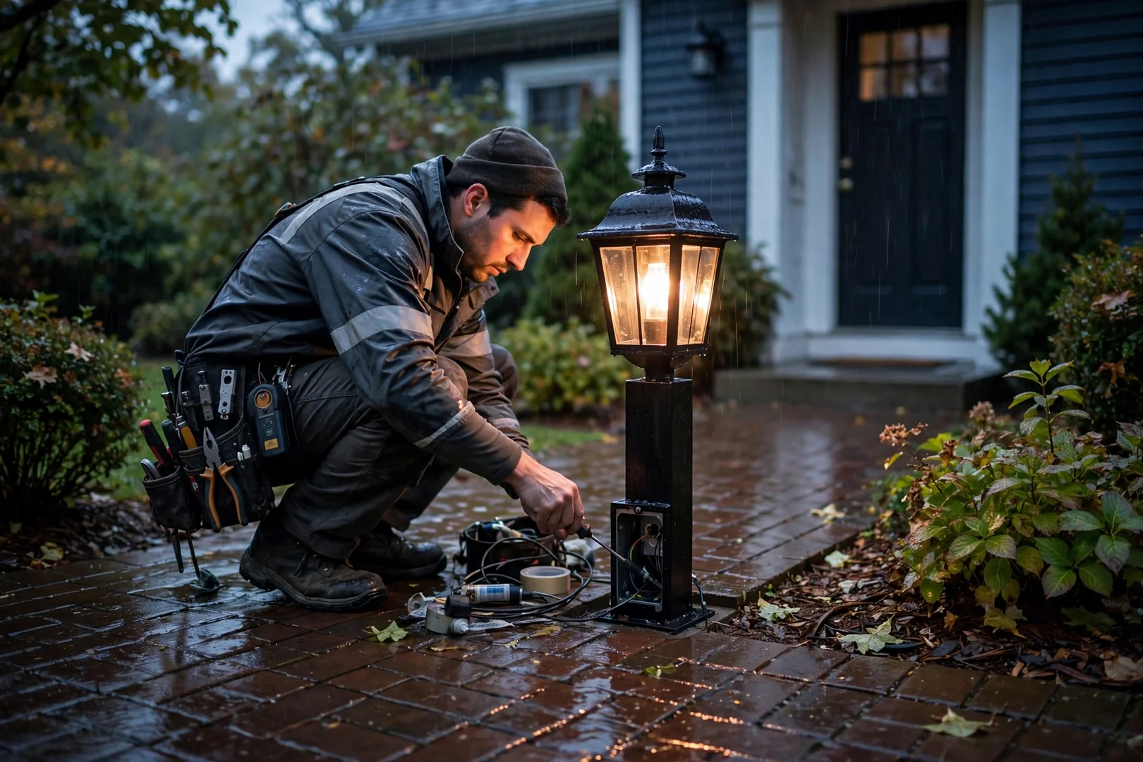 Post lantern and dimmer switch testing completed at a Coram front entry