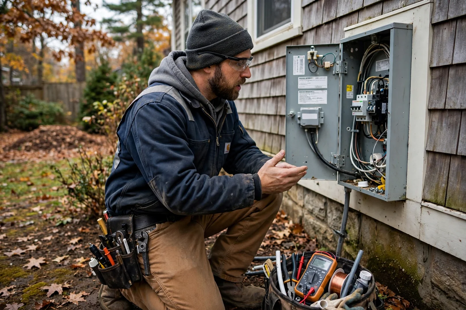 Electrician wiring a new grounded receptacle inside a Coram home wall box