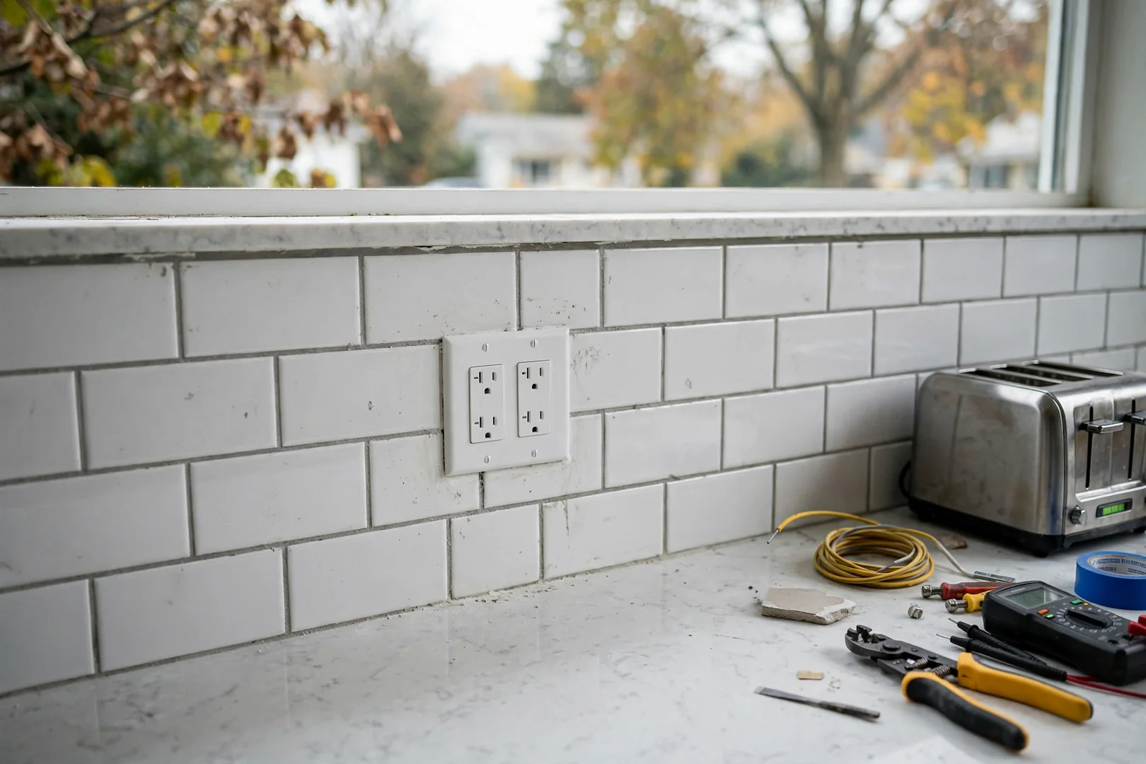 New grounded outlet installed in a Coram kitchen backsplash above the counter