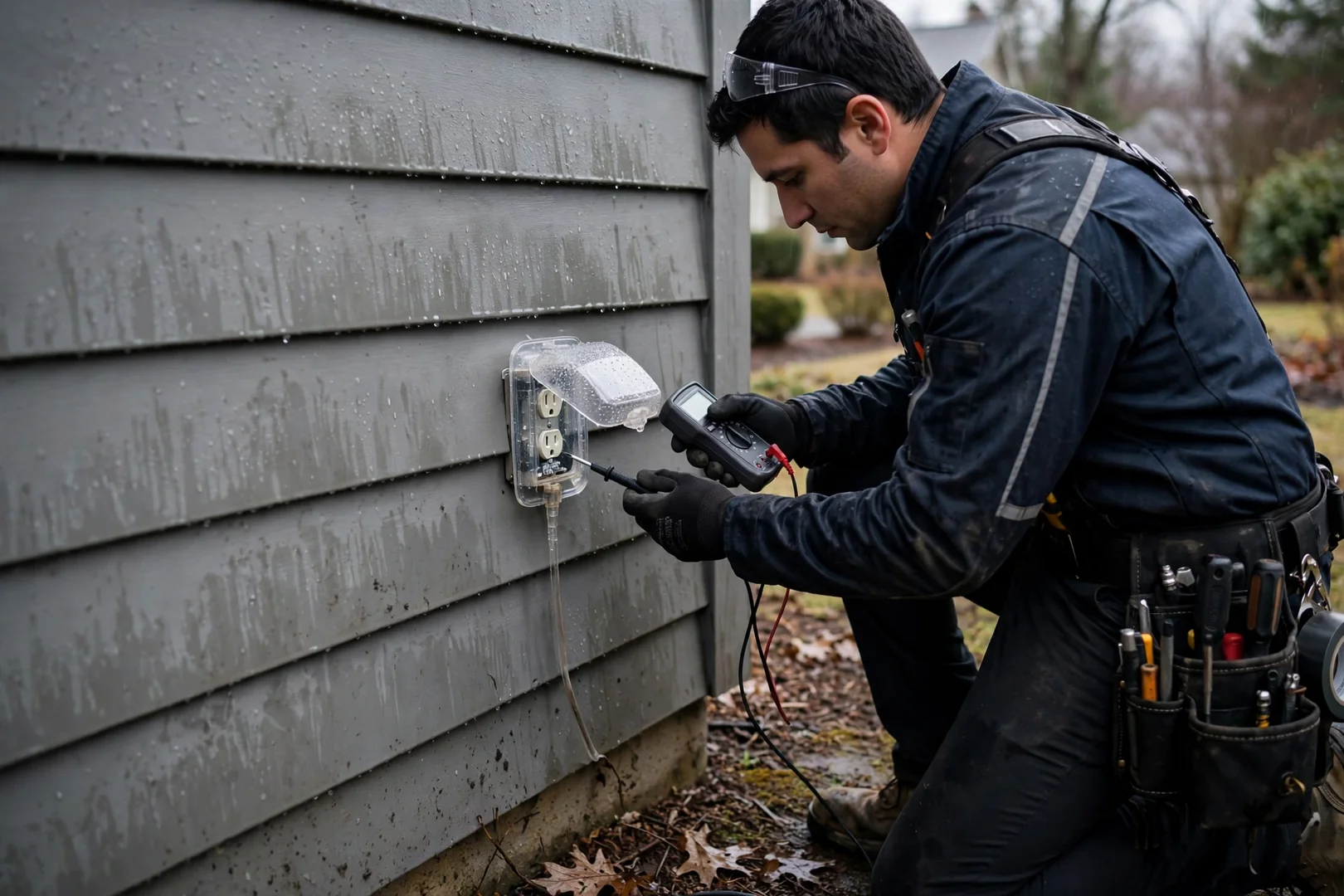 Weather-resistant exterior outlet with in-use cover mounted on vinyl siding