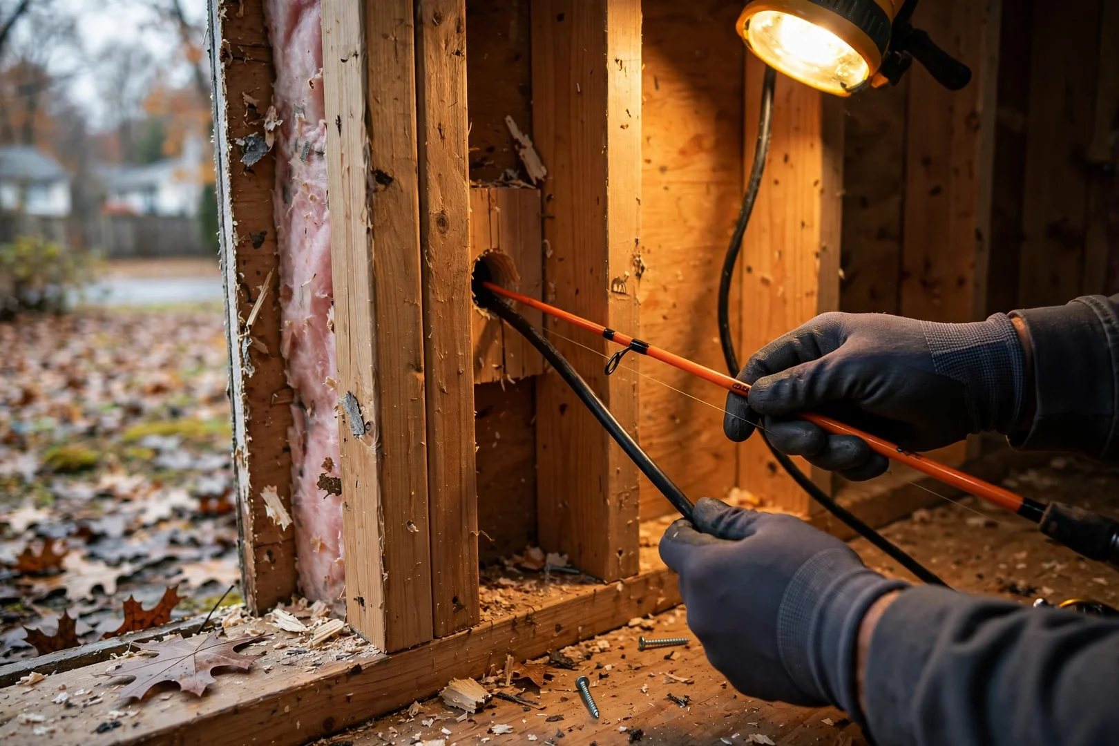 Electrician fishing cable through open stud bay for a new bedroom receptacle