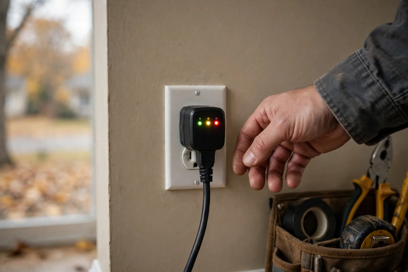 Circuit tester verifying polarity and ground continuity at a finished outlet