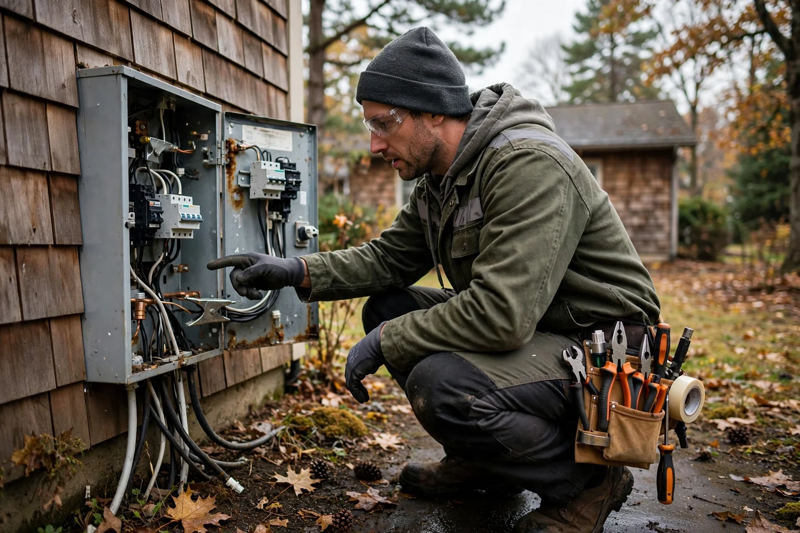 Electrician wiring a whole-home surge protective device at a residential panel