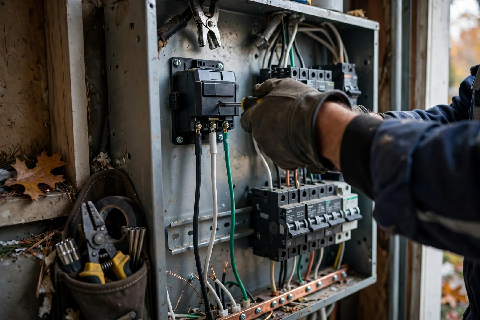 Close-up of a newly mounted surge protective device wired inside a residential panel