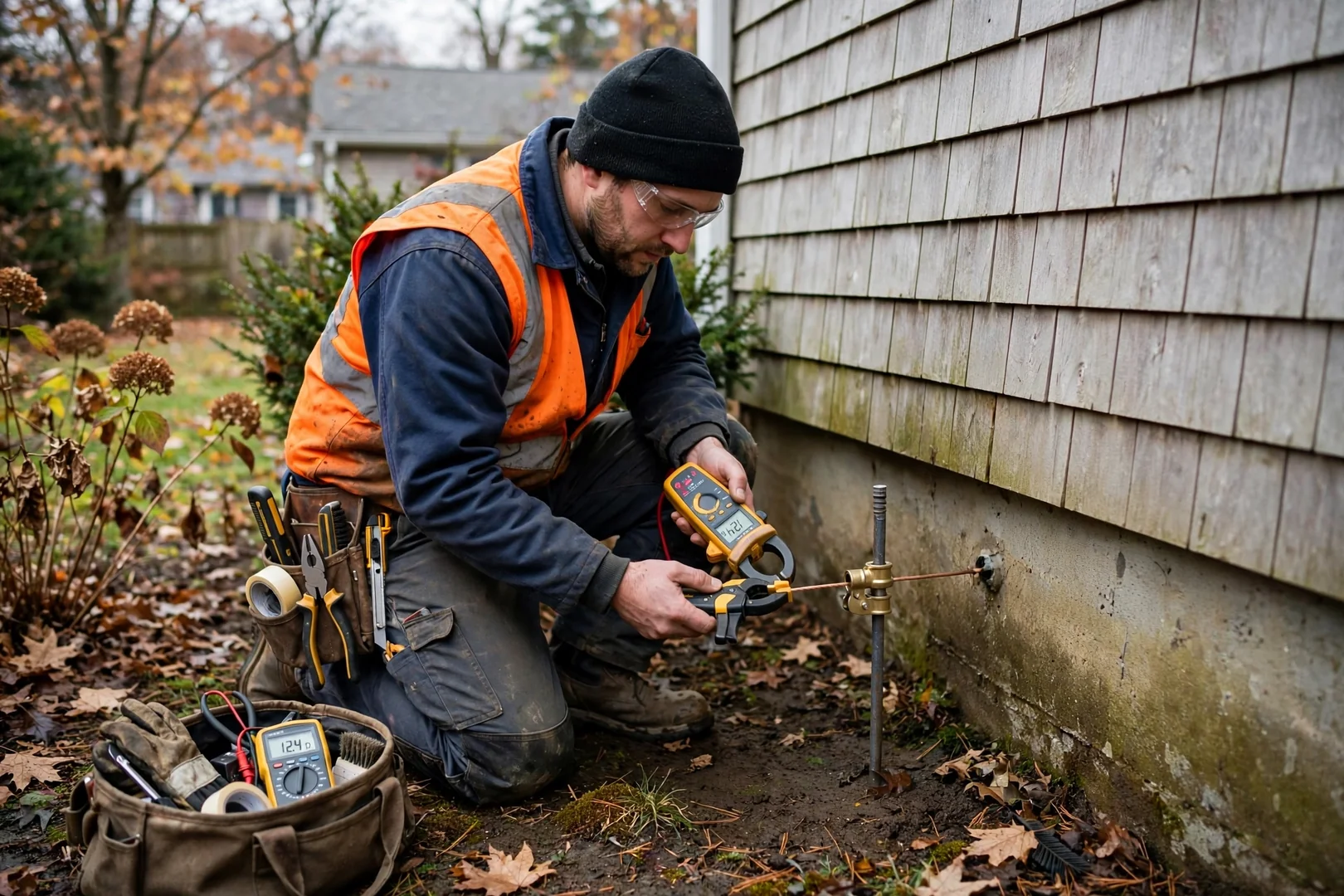 Electrician testing ground rod clamp connection beside a home exterior wall