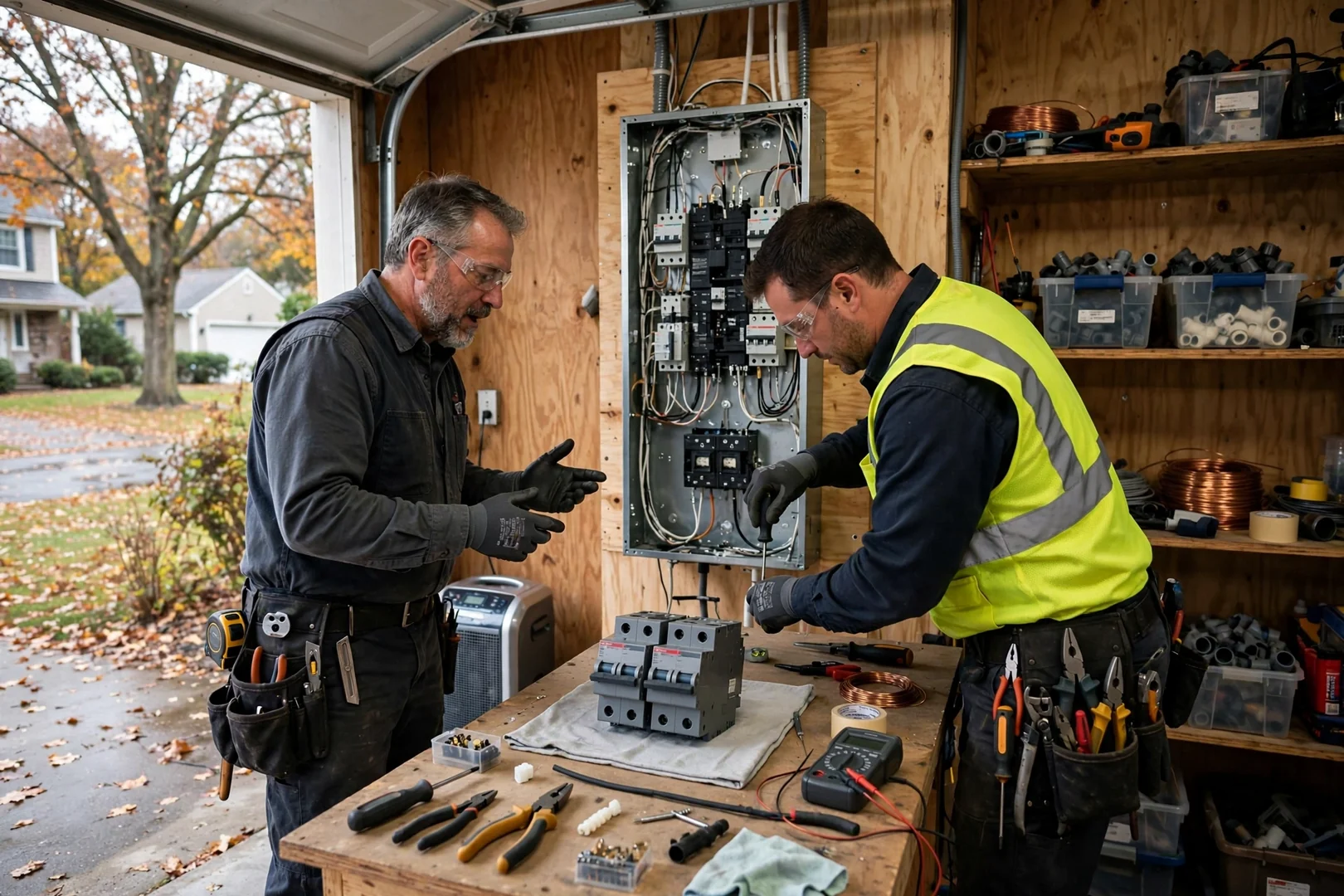 Wide shot of an open load center prepared for a double-pole surge breaker