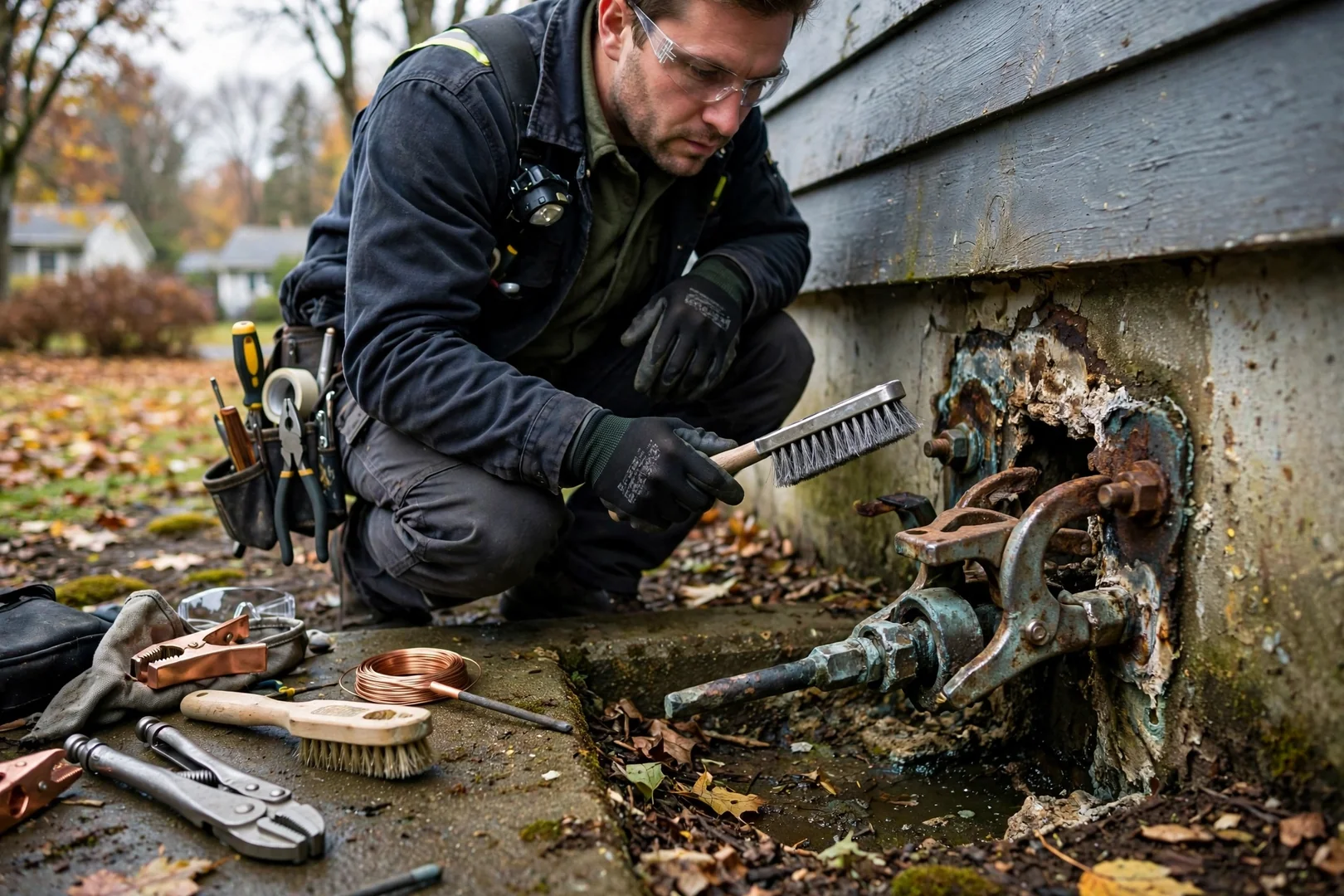 Corroded service entrance bonding hardware documented before grounding repair work