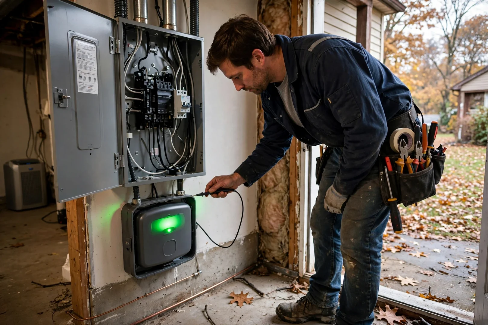 Green status indicator glowing on a finished whole-home surge protection device