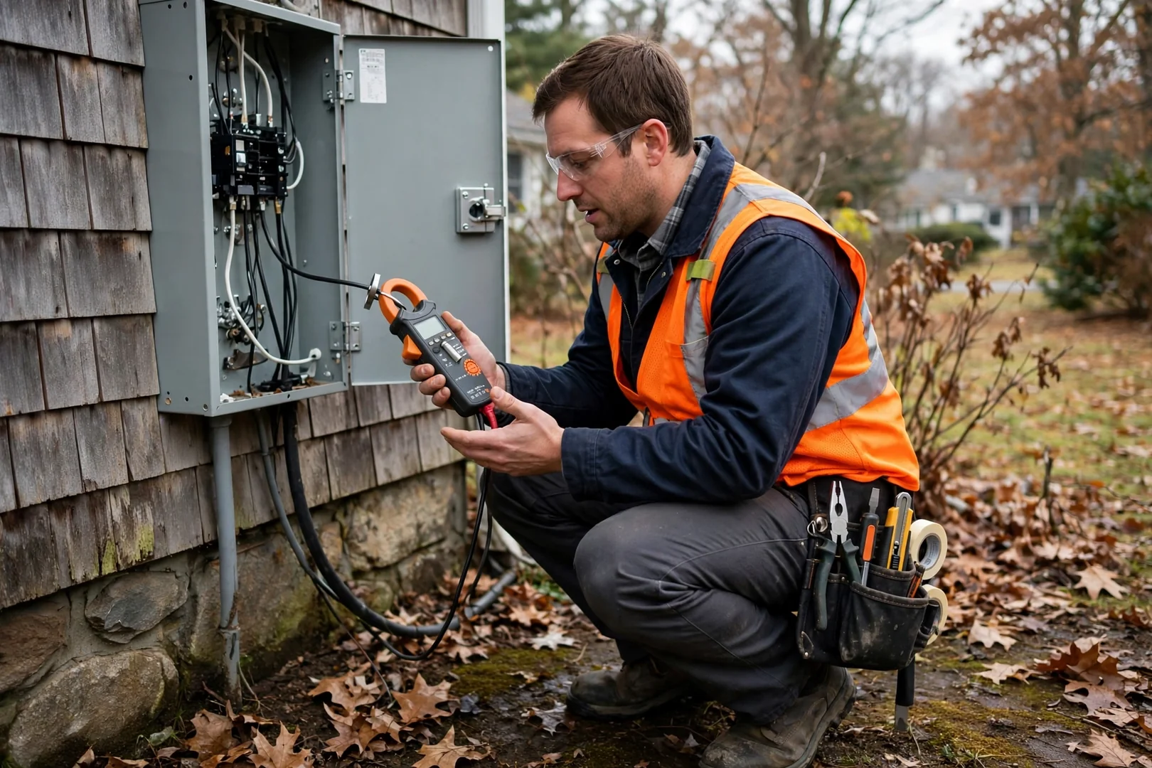 Technician using a clamp meter to verify circuit voltage after installation